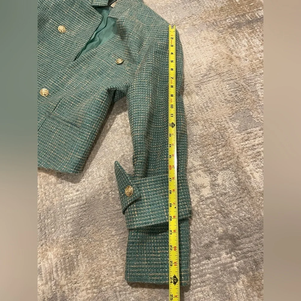 ORTTU Star Neck Jacket Green Tweed Gold Accents Size Medium Military Glamor $290
